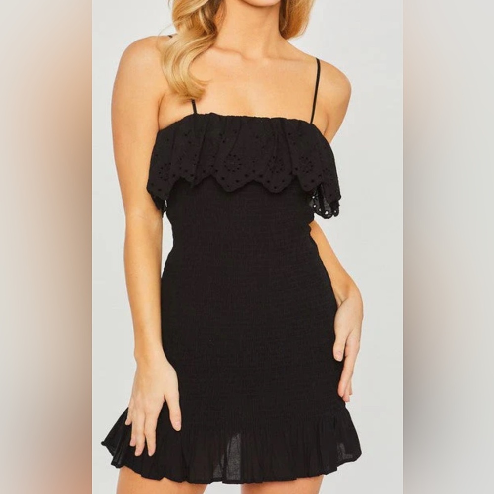 Zara Rufle Mini Black Dress with Eyelet Detail. 100% Cotton M.